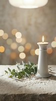 White ceramic candle holder with burning flame and eucalyptus branch on rustic wooden surface with warm bokeh lights creating cozy atmospheric mood.