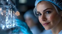 Young female medical professional in surgical cap looking at illuminated glass container in laboratory setting with bokeh lights and blue tones.