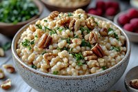 Creamy pearl couscous with toasted pecans and fresh herbs in ceramic bowl, garnished with chopped parsley. Fresh raspberries and herbs in background.
