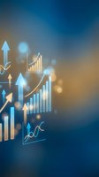 Business growth charts and upward arrows on blue bokeh background for financial success presentations and corporate reports.
