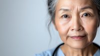 Close up portrait of mature Asian woman with gray hair and gentle smile against light background, expressing wisdom and confidence in natural lighting.
