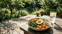 Healthy vegan Buddha bowl with avocado, chickpeas, kale, sweet potato, and quinoa on a wooden table in a sunny garden.