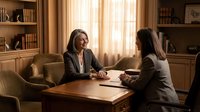 Professional businesswomen having meeting in elegant office library with wooden furniture and bookshelves discussing corporate strategy and partnership.