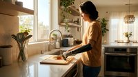 Young Asian woman chopping vegetables on wooden cutting board in bright modern kitchen with natural sunlight streaming through window during meal preparation.
