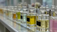 Elegant perfume bottles with colorful fragrances displayed on glass shelf in luxury cosmetic store, showcasing variety of scents for beauty industry.