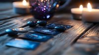 Mystical tarot cards spread on rustic wooden table with glowing candles and healing stones creating magical fortune telling atmosphere in dark blue tones.