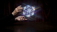 Magician's hands holding glowing neon polyhedral dice with purple light effects against dark background, suitable for gaming, fantasy, and mystical design projects.