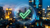 Green checkmark icon with glowing circular frame against blurred city skyline at night for business success and approval concepts.