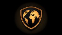 Golden shield emblem with world map silhouette on black background, glowing protective symbol for global security and international defense concept.