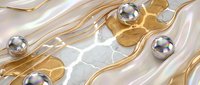 Abstract golden waves with metallic spheres floating on marble surface creating luxurious modern design for premium branding and elegant presentations.