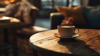 Steaming coffee cup on rustic wooden table in cozy cafe interior with warm ambient lighting and soft bokeh background creates relaxing morning atmosphere.