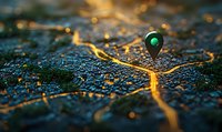 Green location pin marker on glowing golden street map with bokeh lights and shallow depth of field, concept for GPS navigation and travel planning.