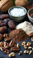 Raw baking ingredients arranged on dark surface including cocoa powder, dates, coconut, nuts and spices for healthy dessert preparation and natural sweets.