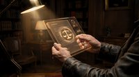 Businessman hands holding digital tablet displaying justice scales symbol in dark office with warm lighting and bookshelves background.