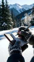 Person wearing knit gloves writing in notebook during snowy mountain retreat, surrounded by evergreen forest and alpine peaks, suitable for winter travel, journaling, and outdoor lifestyle content.