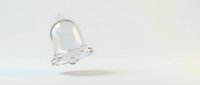 Transparent glass bell floating on clean white background with soft shadow, minimalist design element for modern presentations and creative projects.