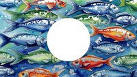 Colorful watercolor fish swimming in ocean waves with white circle space for text or logo design on marine background.