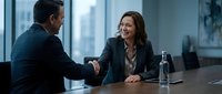 Professional business meeting with diverse executives shaking hands in modern office conference room with city skyline view during successful negotiation.