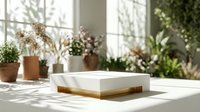Minimalist white square tray with wooden base on marble table in bright sunlit room with plants and natural shadows for modern home decor and styling.