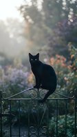 Black cat sitting on ornate metal fence with glowing eyes, surrounded by blooming flowers and soft morning light filtering through trees, suitable for pet, nature, and garden-themed projects.