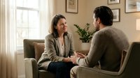 Professional female therapist counseling male client in comfortable office setting with natural lighting and warm atmosphere for mental health support.