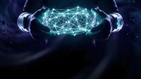 Hands holding glowing digital brain network with connected nodes representing artificial intelligence, machine learning and neural connections in futuristic technology.