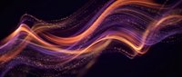 Abstract flowing waves with purple orange gradient and sparkling particles on dark background for modern digital design and technology concepts.