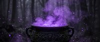 Ornate cauldron with glowing purple magical smoke and sparkling particles floating in dark mystical atmosphere for fantasy, witchcraft, and supernatural themed projects.