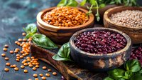 Assorted legumes in wooden bowls with fresh basil leaves on rustic background, nutritious plant-based protein source for healthy cooking.