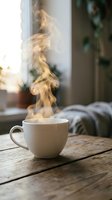 White coffee cup with rising steam on rustic wooden table in cozy home interior with warm natural lighting and soft bokeh background.