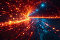 Futuristic abstract tunnel with dynamic light trails creating a high-speed motion effect, orange and blue glowing particles perfect for technology and innovation concepts.