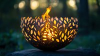 Decorative metal bowl with leaf pattern cutouts illuminated by fire flame inside creating magical garden atmosphere at dusk, outdoor lighting decoration.