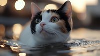 Adorable calico kitten with white chest and multicolored fur sitting on wooden surface with warm bokeh lights in background creating cozy atmosphere.
