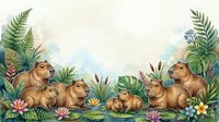 Adorable capybara family with babies surrounded by tropical ferns and colorful flowers creating natural jungle border frame for wildlife designs.