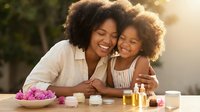 Adult woman of African descent with curly hair and young child with curly hair, both smiling while applying skincare products and cosmetics together outdoors during golden hour, promoting family bonding and beauty routines.