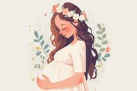 Serene pregnant woman in white dress with flower crown and long dark hair, surrounded by delicate floral elements and leaves in soft pastel colors.