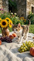 Tabby and white kitten exploring outdoor picnic setup with sunflowers, grapes, apples, and rustic stone cottage backdrop. Perfect for pet, summer, and lifestyle content.
