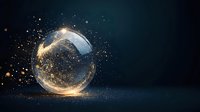 Glowing glass sphere with golden particles and light effects on dark background, creating magical atmosphere for luxury design projects.