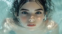 Young Asian woman with bright blue eyes partially submerged in turquoise water, creating a dreamy underwater portrait with soft natural lighting and ripple effects.