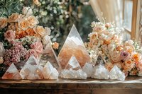 Crystal quartz pyramids and points arranged with fresh peach and pink roses, baby's breath, and dried flowers on wooden surface in mystical arrangement.