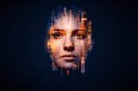 Futuristic female portrait with glowing digital distortion effects and cyberpunk style fragmentation on dark background, orange and blue tones create dramatic atmosphere.