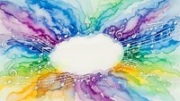 Vibrant watercolor music notes flowing in rainbow waves around white cloud space, musical staff lines dancing through colorful paint splashes.