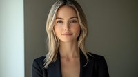 Portrait of young blonde woman in black blazer against neutral background, soft natural lighting highlighting facial features for professional headshots.