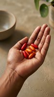 Close-up of an open hand holding red and orange capsule supplements or vitamins against a neutral background with wellness items, suitable for health and nutrition content.