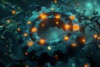 Glowing mechanical gear in mystical forest setting with orange luminescent elements against teal background creates ethereal industrial fantasy atmosphere.