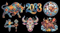 Colorful Chinese zodiac ox set with 2033 number, floral bull designs, and lucky symbols, isolated on transparent background for stickers, sublimation, t-shirt design.