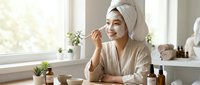 Young Asian woman in bathrobe and towel applying skincare product in bright bathroom with natural cosmetic bottles for morning beauty routine.