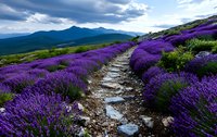 Mountain hiking trail through blooming purple lavender fields with dramatic cloudy sky and scenic landscape vista for outdoor adventure and nature tourism.