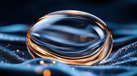 Elegant water drop with golden light reflections on dark blue surface, creating a mesmerizing macro photography effect for luxury cosmetic advertising.