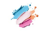 Artistic cosmetic smears of creamy texture in blue, pink, and coral colors with splatter drops on white background, isolated makeup product swatches for beauty design.
